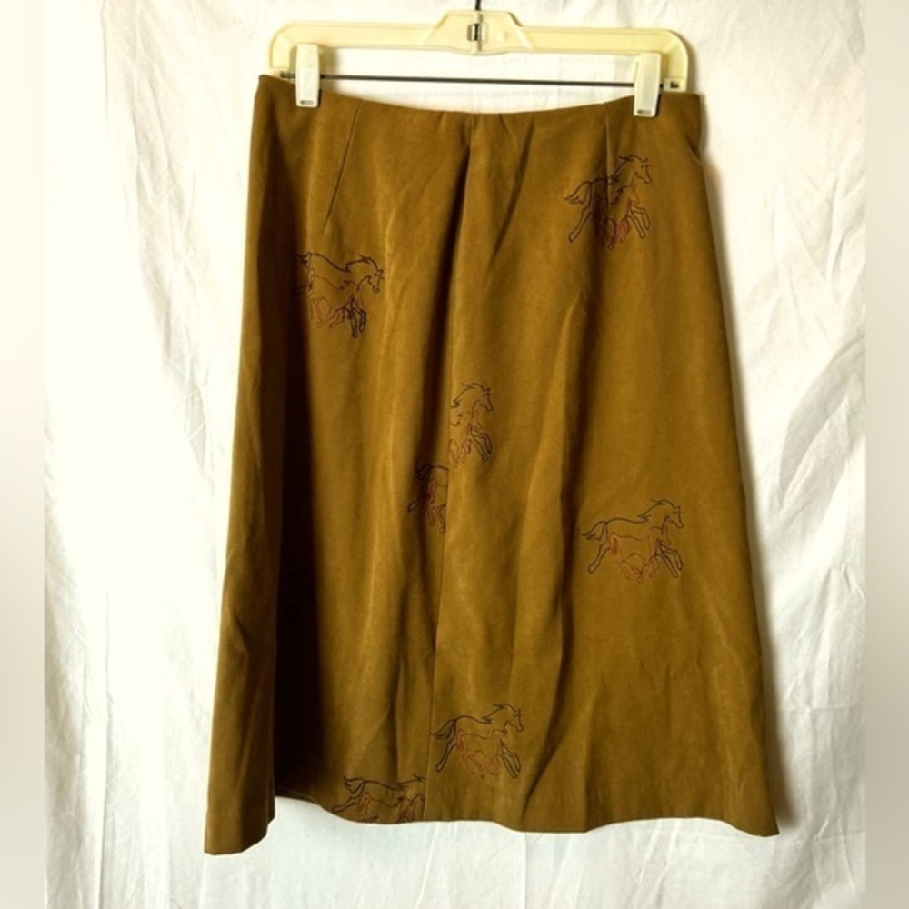 Vintage Homemade Country Midi Faux Suede Tan Embroidered Skirt 15.5” Waist